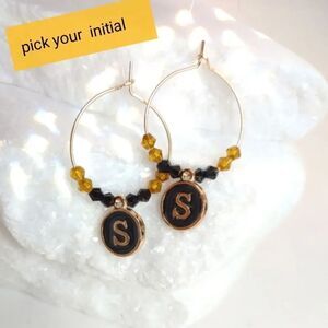 Initial Charm Earrings Black and Gold